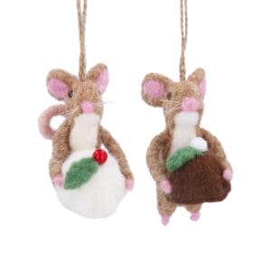 Wool Dec 9cm - Brown Mouse w Puddings, 2as