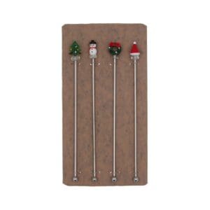 Pack/4 Metal & Glass Cocktail Stirrers 23cm - Christmas