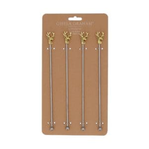 Pack/4 Metal Cocktail Stirrers 25cm - Gold Stag Head