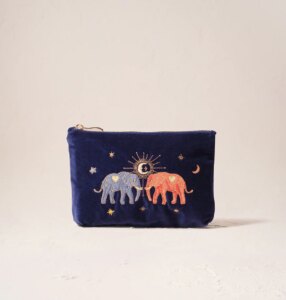 Celestial Elephant Navy Velvet Mini Pouch