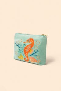 Sparkling Seahorse Velvet Mini Pouch - Aqua