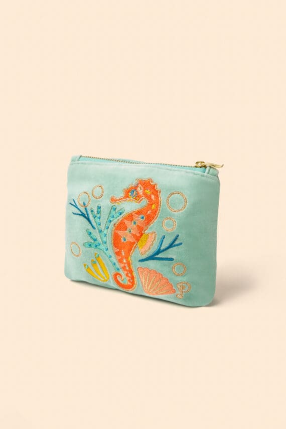 Sparkling Seahorse Velvet Mini Pouch - Aqua