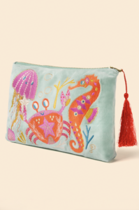 Seashore Friends Velvet Zip Pouch - Aqua