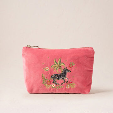 Wild Zebra Palm Velvet Mini Pouch - Blush Pink